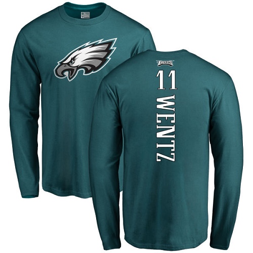 Men Philadelphia Eagles #11 Carson Wentz Green Backer Long Sleeve NFL T Shirt